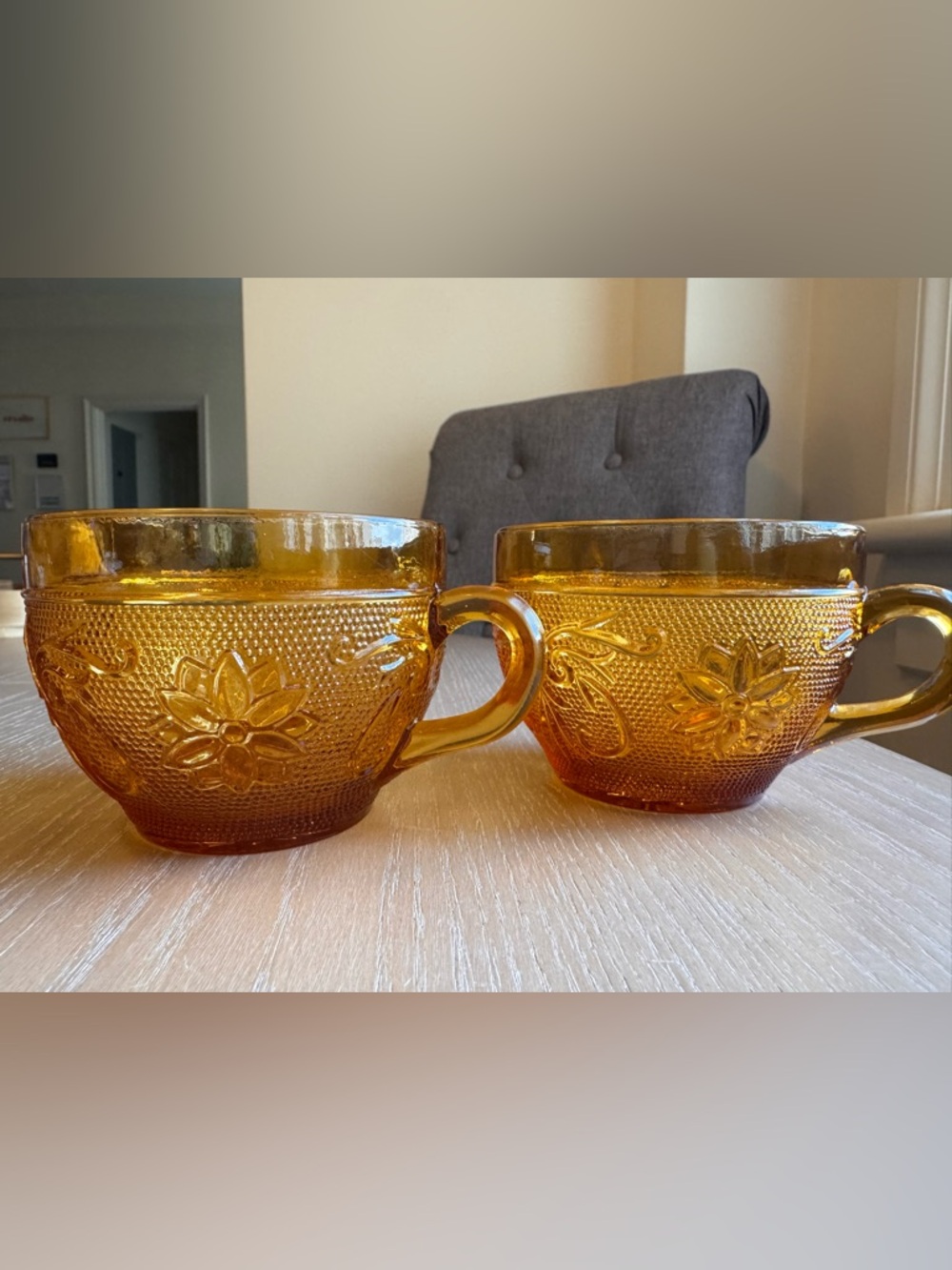 Amber Pressed Glass Floral Teacup - Set of 2